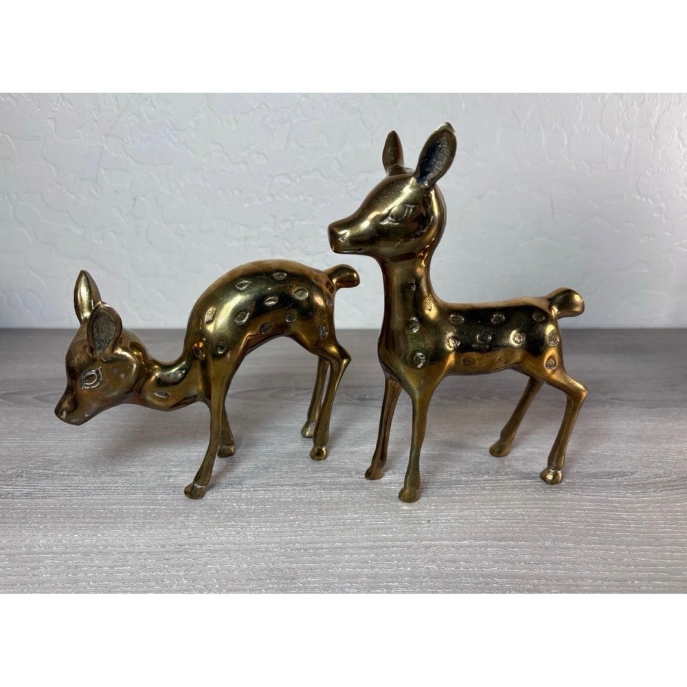 Vintage Solid Brass Deer Figurines Set of 2 Spotted Doe and Fawn Made in Korea